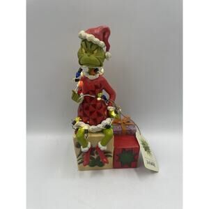 Jim Shore Dr. Seuss Light Up Grinch On Present Wrapped In Lights Figurine NEW